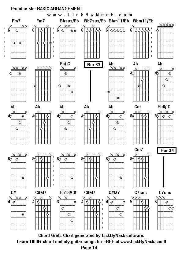 Chord Grids Chart of chord melody fingerstyle guitar song-Promise Me- BASIC ARRANGEMENT,generated by LickByNeck software.